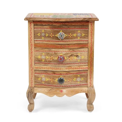 Ailey Handcrafted Boho Mango Wood 3 Drawer Nightstand Natural - Christopher Knight Home 5 Ailey Handcrafted Boho Mango Wood 3 Drawer Nightstand Natural - Christopher Knight Home - Image 3