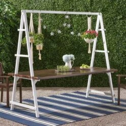 Huckleberry Rectangle Acacia Wood Patio Dining Table With Iron Plant Hanger Dark Brown/White - Christopher Knight Home