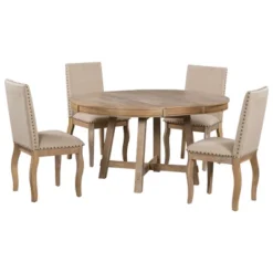 5 PCS Round Wood Extendable Dining Table Set With 4 Upholstered Dining Chairs-ModernLuxe 21 5 PCS Round Wood Extendable Dining Table Set With 4 Upholstered Dining Chairs-ModernLuxe -Furni Style Shop GUEST 62a0d22f 09b3 4f40 a197 cc20893dc552