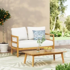 2pc Ellendale Outdoor Acacia Wood Loveseat & Coffee Table Teak/White - Christopher Knight Home -Furni Style Shop GUEST 9ddc2f44 7148 4835 9506 0e11e536546a