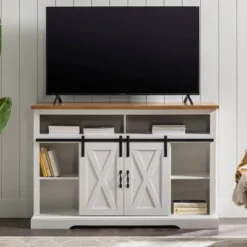 Transitional Sliding Barndoor Highboy TV Stand For TVs Up To 58" - Saracina Home -Furni Style Shop GUEST e952740e 70ac 42e4 a86c 65befa0e8542